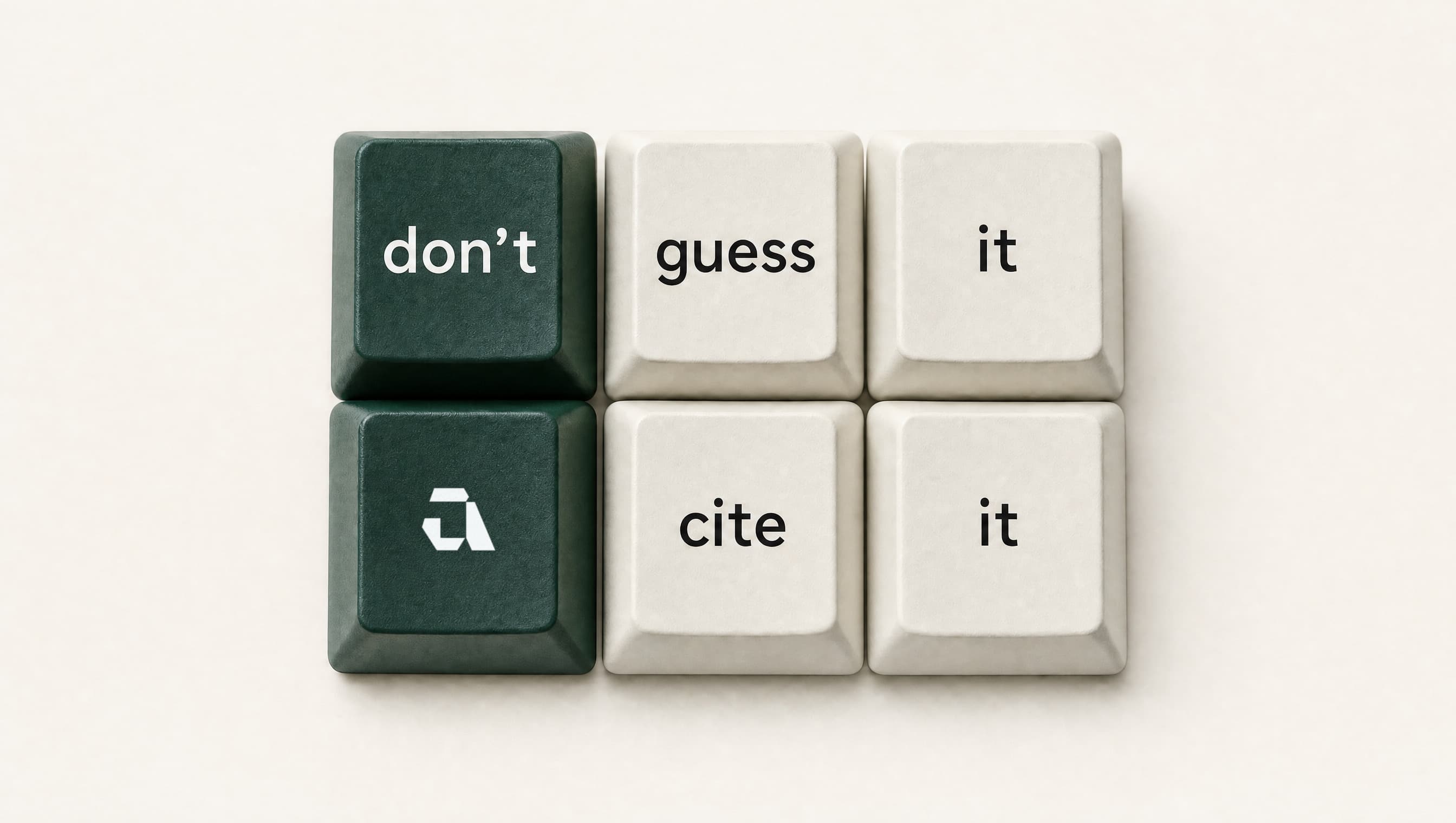 Six keycaps reading “don’t guess it” above the azta mark and “cite it”