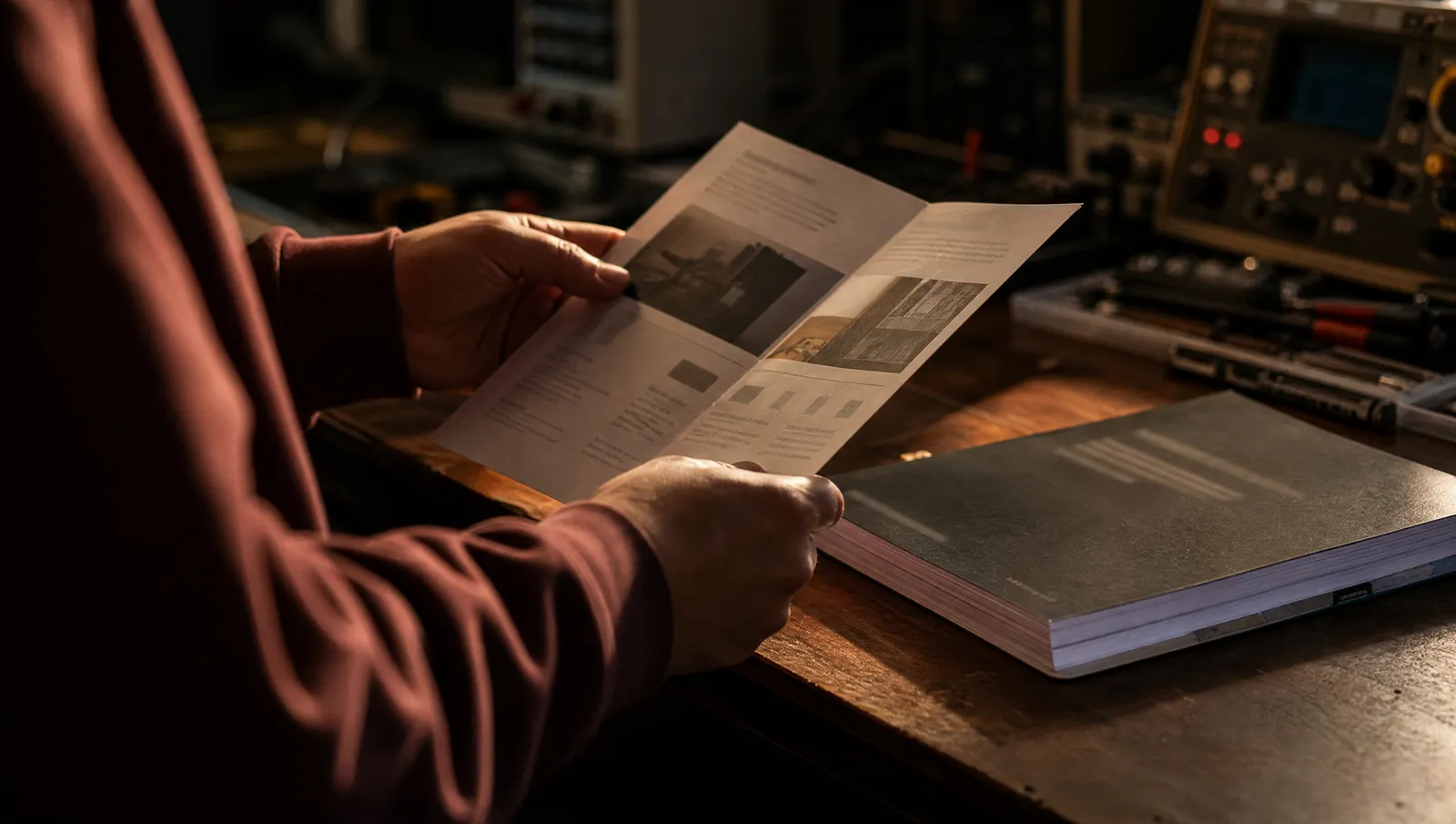 Accountant’s hands holding a printed product brochure beside a classification handbook on a workbench in an electronics workshop