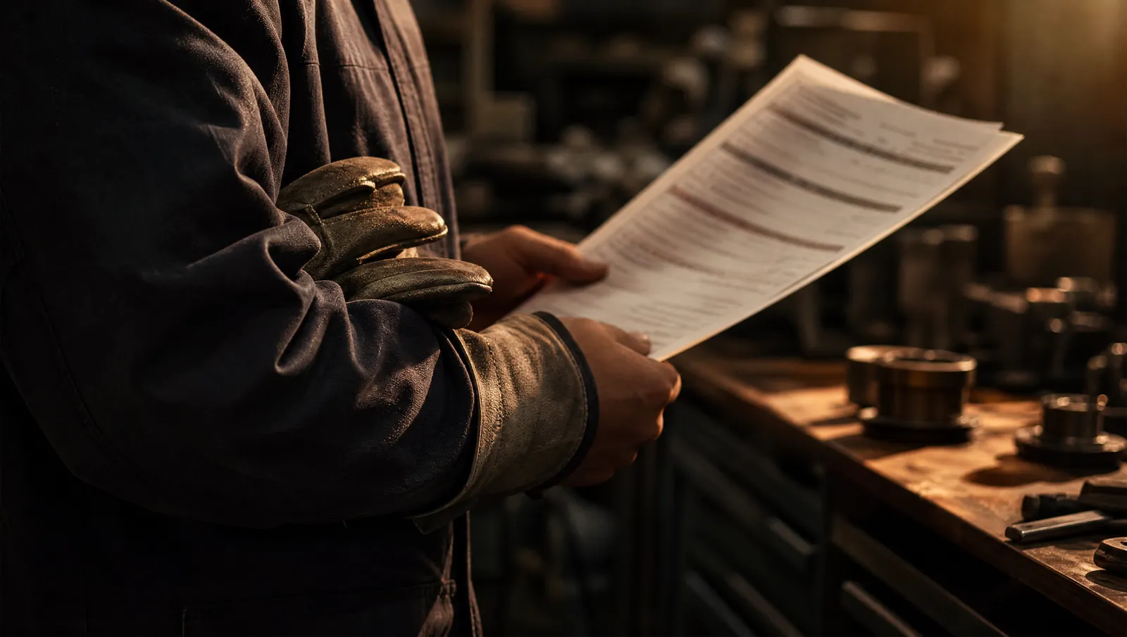 Hands in welding gloves tucked under an arm holding a printed assignment schedule in an automotive supplier’s workshop