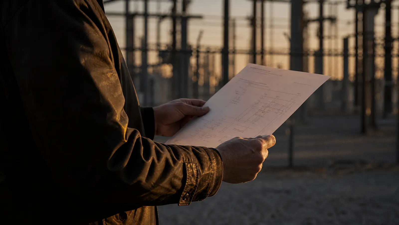 Legal counsel in a waxed jacket holding a printed single-line diagram beside the fence of a substation at dusk