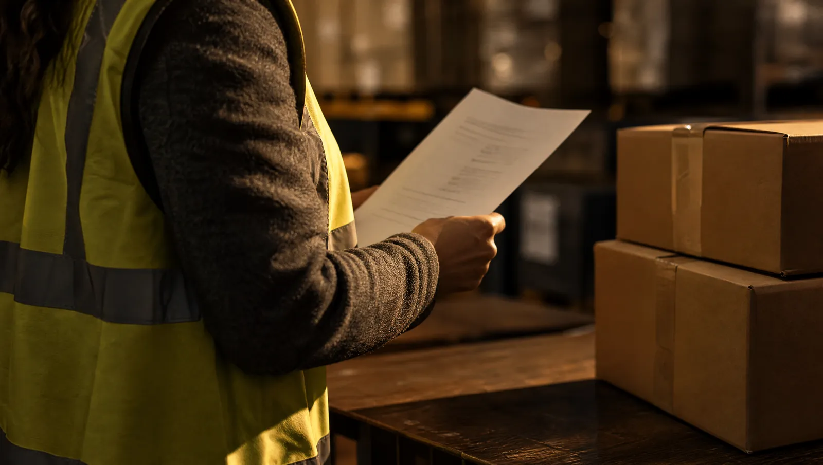 Operations lead in a high-visibility vest holding a printed registration plan beside stacked pet-food boxes in a fulfilment centre