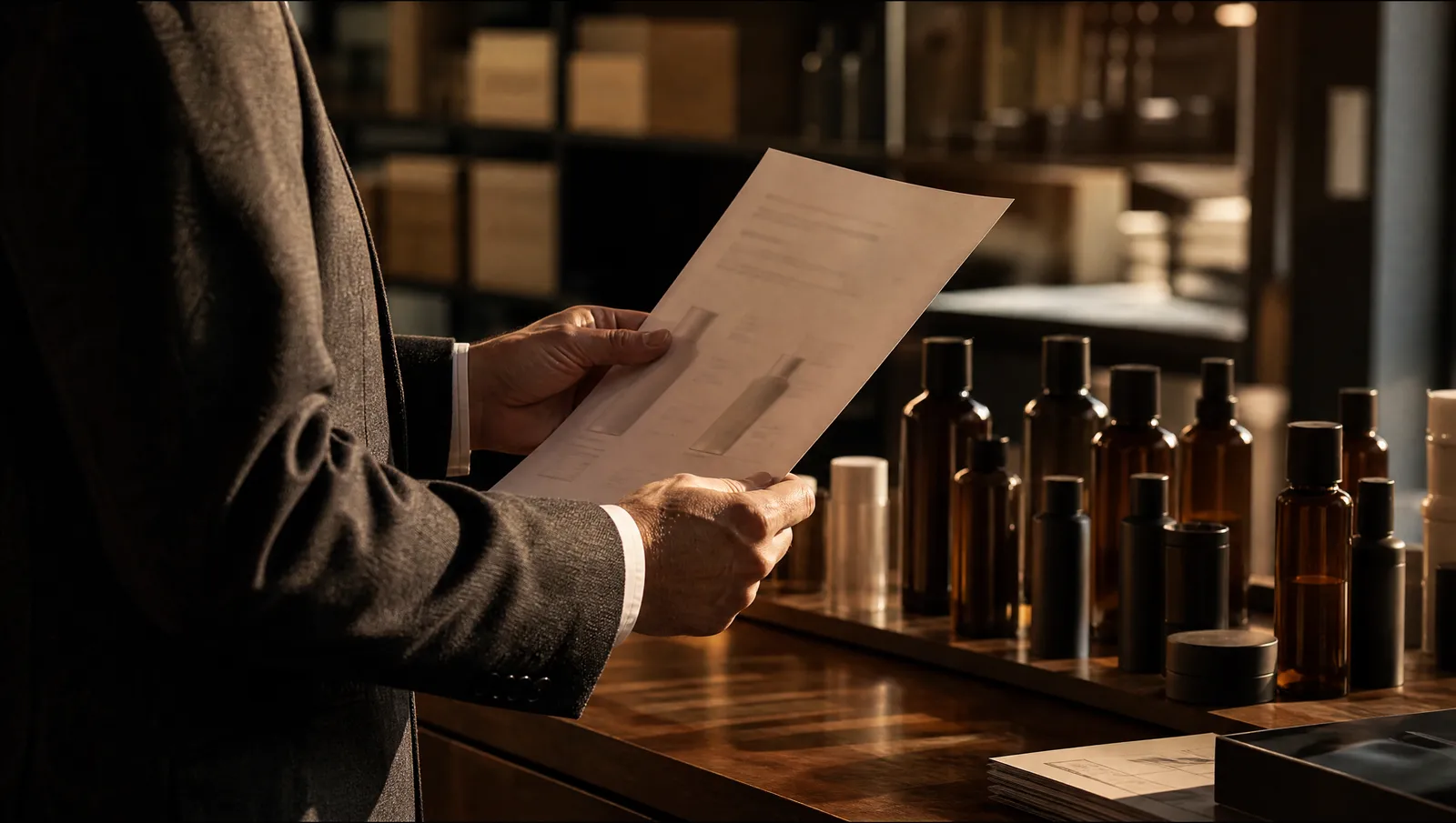 CFO in a charcoal suit holding printed packaging specifications beside rows of empty cosmetic bottles in a packaging room
