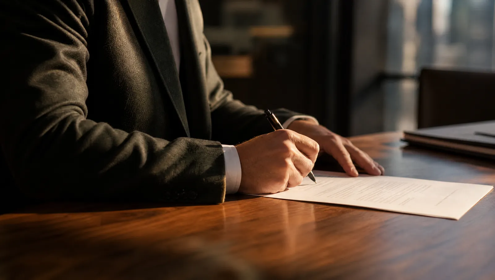 Hands in a dark green blazer signing a printed letter on a plain meeting-room table in a shared-service office