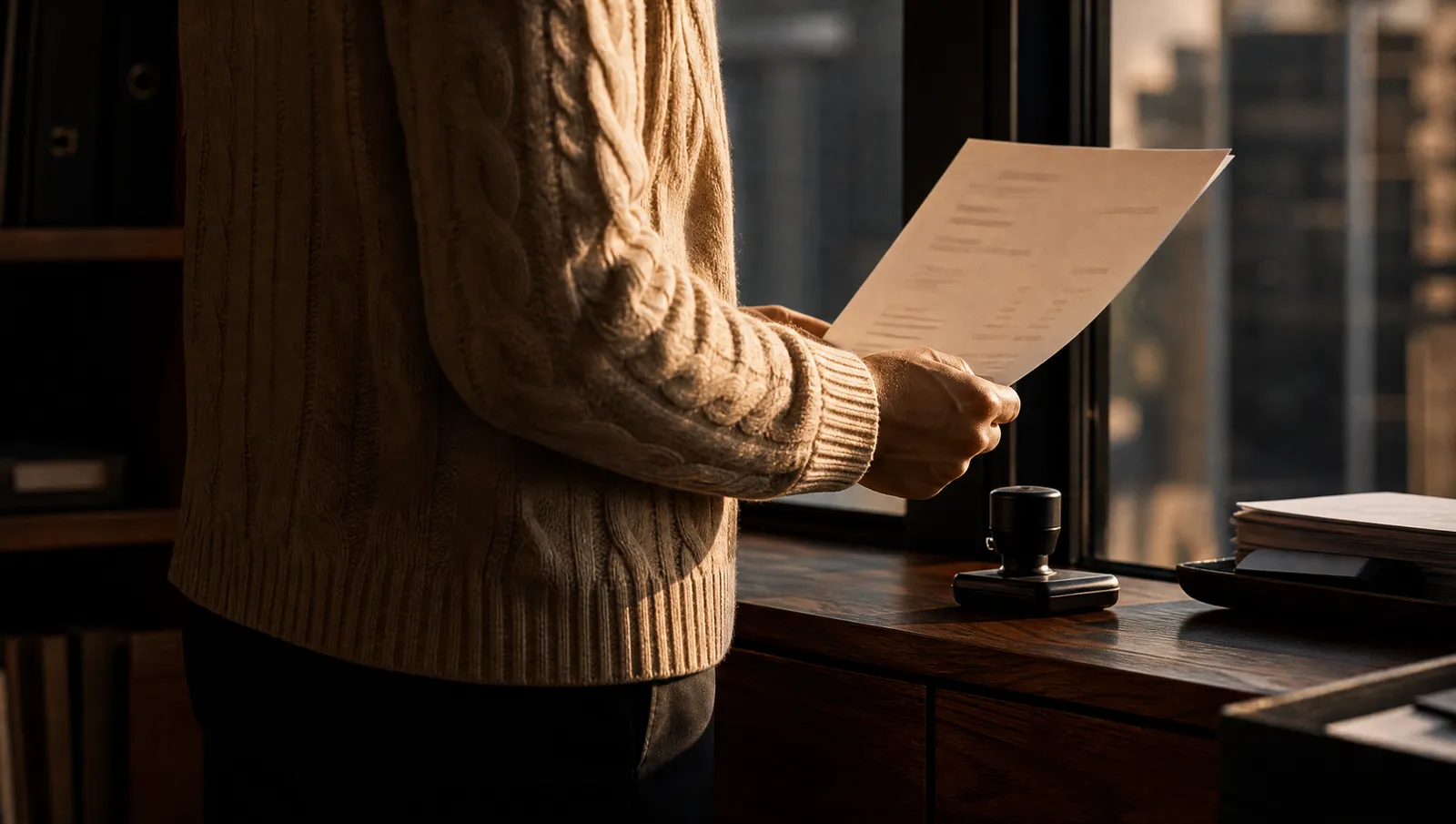 Tax advisor holding a printed draft invoice up to the window light in a trading company’s back office, a stamp pad beside it