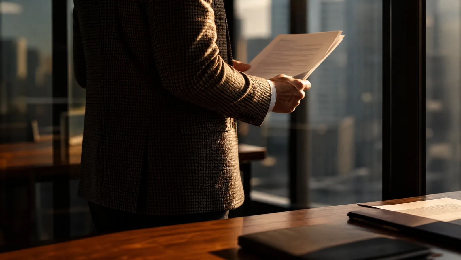 HR lead in a houndstooth jacket holding a printed bonus plan in a glass-walled meeting room above a city
