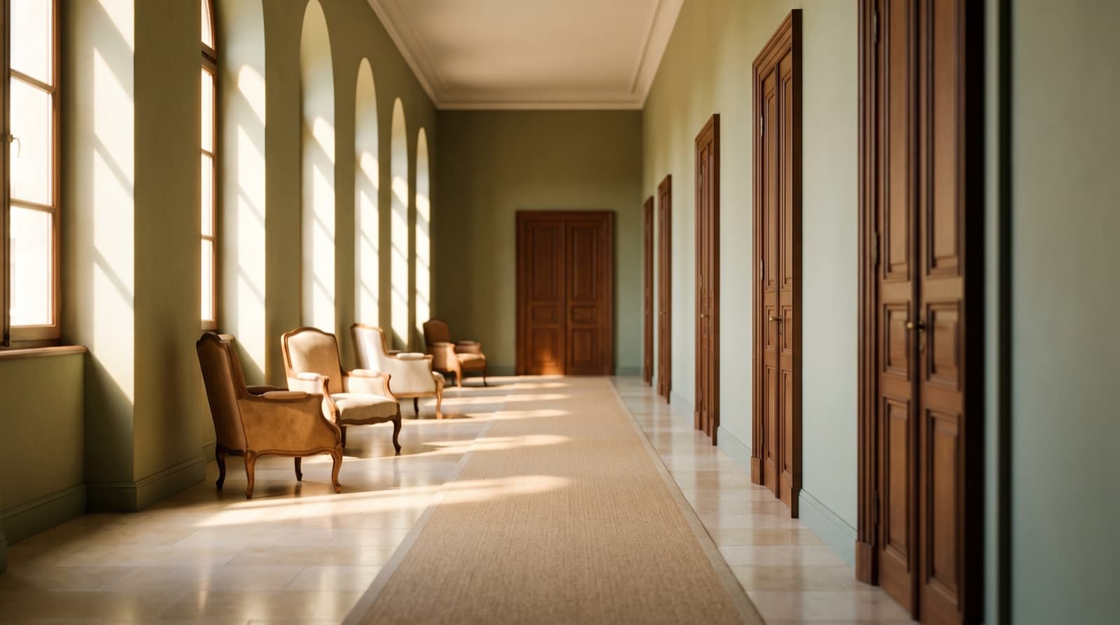 Morning light falling through tall windows across the stone floor of a European law-office corridor.