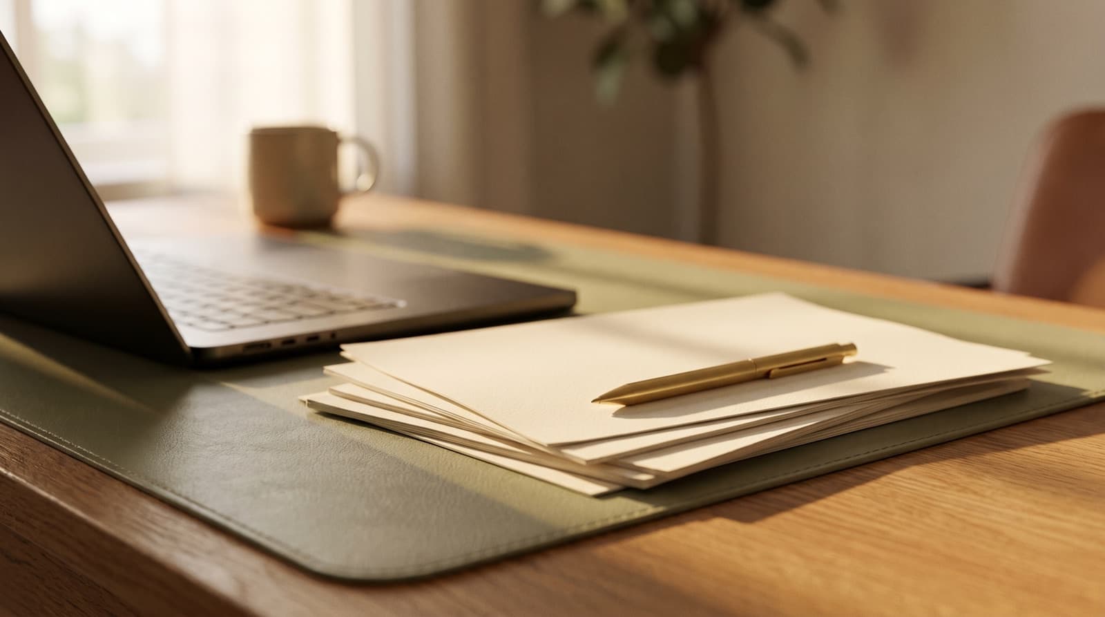 A stack of freshly printed pages on a sage-green desk blotter beside the edge of a laptop, lit from a window.