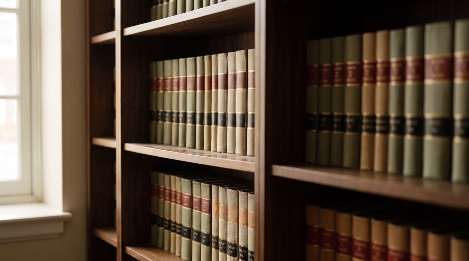 Bound legal volumes in muted olive and oxblood on dark walnut shelving, picked out by raking window light.