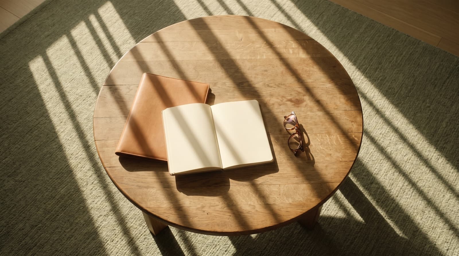 Overhead view of an oak worktable on a sage rug with an open notebook, sunlight throwing window-frame shadows.
