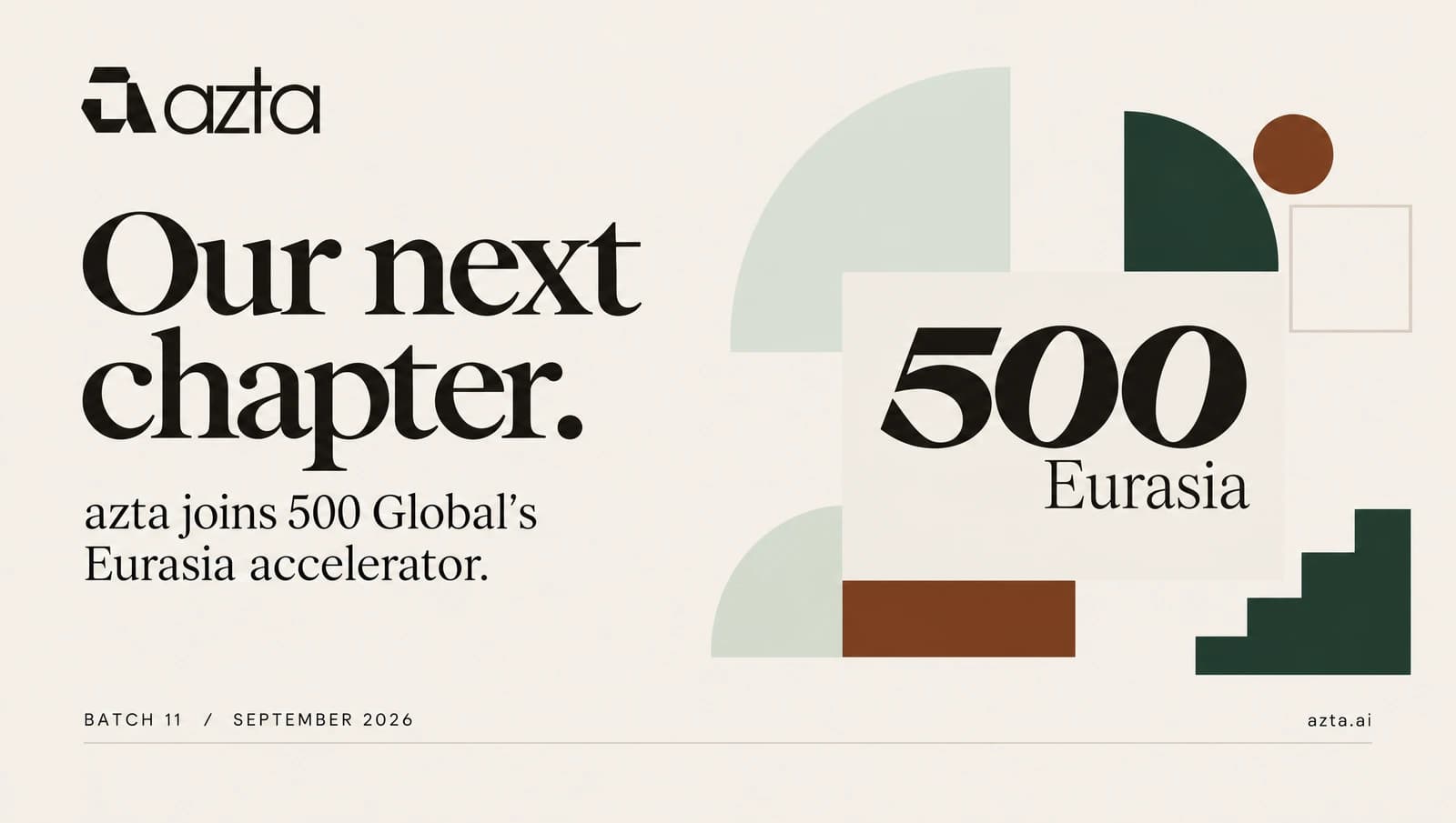 azta and 500 Eurasia logos on a beige announcement card reading “Our next chapter.”