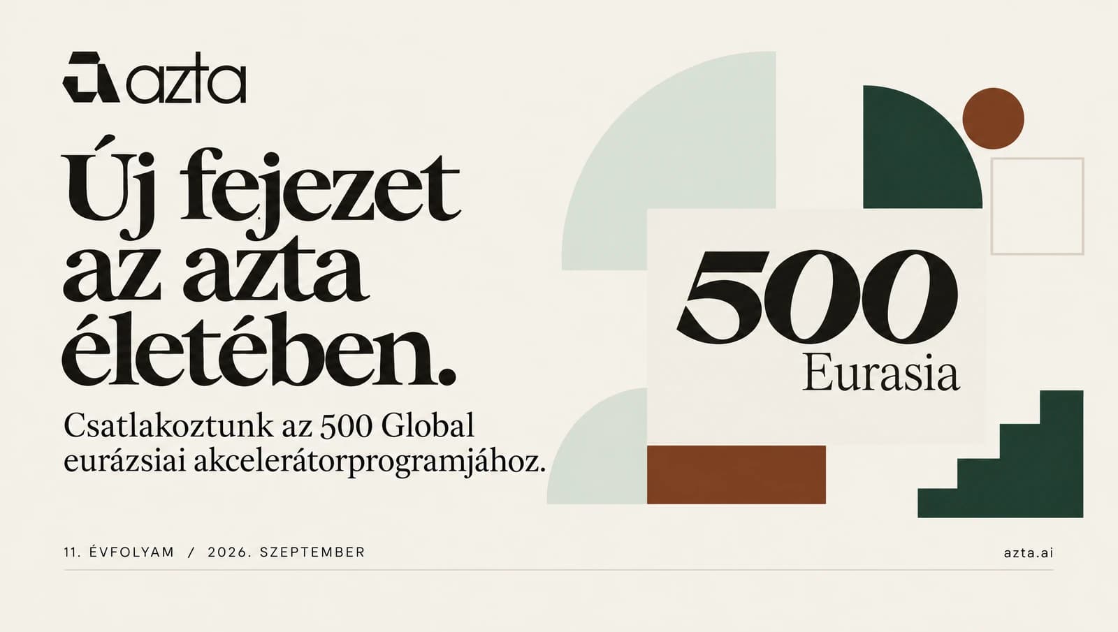Az azta és az 500 Eurasia logója bézs háttéren, „Új fejezet az azta életében.” felirattal.
